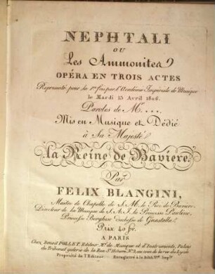 Nephtali ou Les Ammonites : opéra en trois actes ; representé pour la 1re fois par l'Académie Impériale de Musique le mardi 15 avril 1806