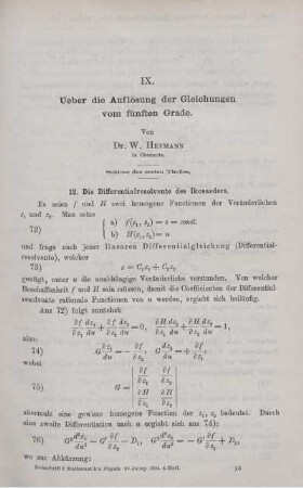 IX. Ueber die Auflösung der Gleichungen vom fünften Grade.