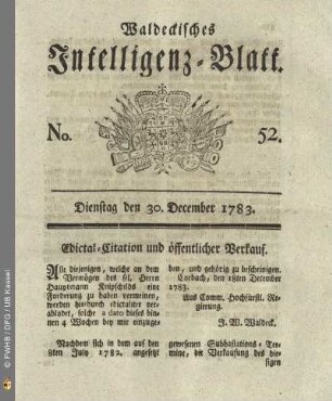 No. 52, Dienstag den 30. December 1783