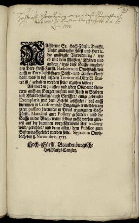 Nachdeme Se. Hoch-Fürstl. Durchl. ... die gnädigste Verordnung, wie es mit dem Mahlen, Melben ... bey Dero Hoch-Fürstl. Residenz in Onolzbach ... gehalten werden solle, ergehen lassen : Onolzbach, den 8. Novembris, 1713.