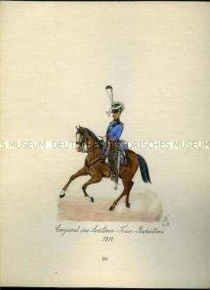 Uniformdarstellung, Korporal des Artillerie-Train-Bataillons zu Pferd, 1811. Aus: Sammelmappe "Sachsens Militär", Königliche Arsenalsammlung.