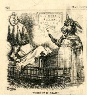 "There it is again!" : ein Esel, der James Bennett jr. darstellt, liegt in einem Bett, ein anderer Esel steht mit einer Fackel davor