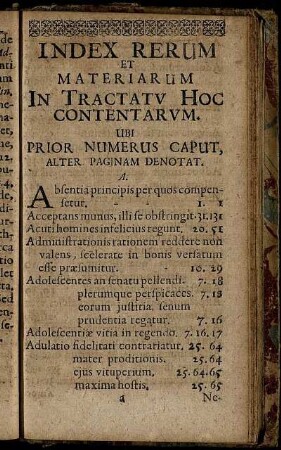 Index Rerum Et Materiarum In Tractatu Hoc Contenarum.