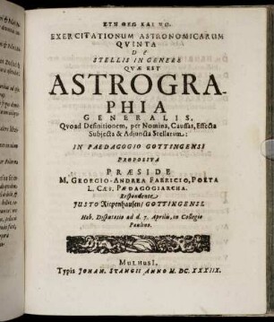 Exercitationum Astronomicarum Quinta De Stellis In Genere Quæ Est Astrographia Generalis, [...]