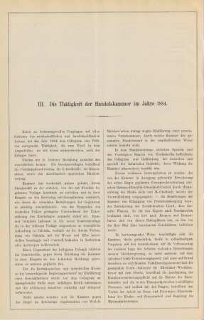 III. Die Thätigkeit der Handelskammer im Jahre 1884.