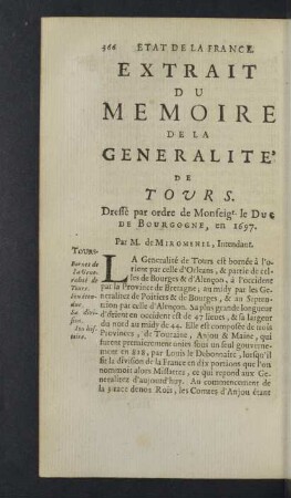 Extrait du Memoire de la Generalité de Tours.