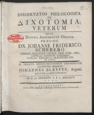 Dissertatio Philologica De Dichiotomia Veterum