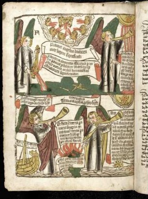 (1) Ausschütten des Rauchfasses, Posaune des ersten Engels mit Schreckenszeichen (Apc. VIII, 5-7); (2) zweite und dritte Posaune mit Schreckenszeichen (Apc. VIII, 8-11).
