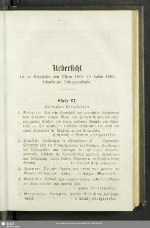 Uebersicht der im Schuljahre von Ostern 1864 bis dahin 1865 behandelten Lehrgegenstände