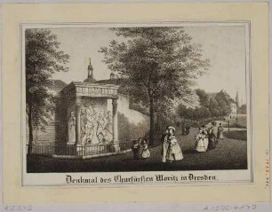 Das Moritz-Monument an der Festungsmauer der Bastion Mars in Dresden (im Hintergrund rechts das Hofgärtnerhaus)