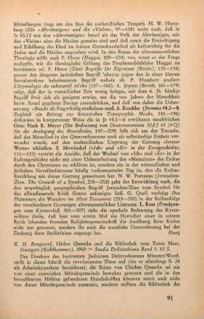 91-92 [Rezension] Rengstorf, Karl Heinrich, Hirbet Qumrân und die Bibliothek vom Toten Meer