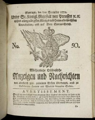 No. 50. Montags, den 7ten December 1772.