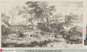 [The flute playing shepherd and his herd; Landschaft mit Flöte spielendem Hirten und einem schlafendem Hirten mit ihrer Herde an einem Fluss]
