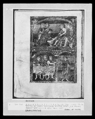 Vita Radegundis des Bischofs Fortunat — Radegundis wäscht Armen die Füße (oben); Radegundis bedient Arme beim Mahl (unten), Folio 29v