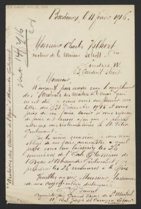 Brief an Charles G... Volkert und B. Schott's Söhne : 11.02.1916