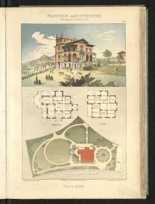 Villa in Zürich. Prof. F. Bluntschli, Architekt. Grundriss Erdgeschoss und 1. Stock, Lageplan