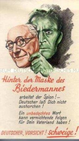 Illustrierter Handzettel aus dem 2. Weltkrieg mit der Warnung vor Spionen