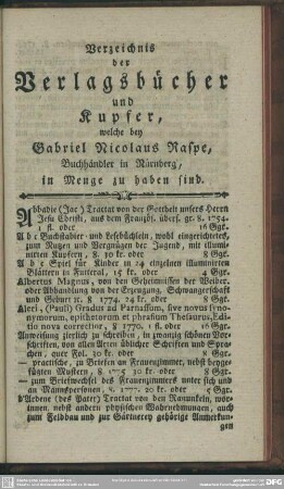 Verzeichnis der Verlagsbücher und Kupfer, welche bey Gabriel Nicolaus Raspe, Buchhändler in Nürnberg, in der Menge zu haben sind