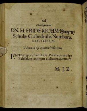 Ad Clarissimum Dn. M. Fridericum Bergern/ [...]