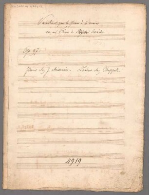 Trois cavatines italiennes de Bellini, Donizetti et Meyerbeer, livre 3, pf 4hands, op. 97/3, As-Dur - BSB Mus.Schott.Ha 4719-2 : [title on p. 1:] Variations pour le Piano à 4 mains // sur un Thême de [crossed out: Meyerbeer.] Crociato. // op 97. // Paris chez J. Meissonnier. Londres chez Chappell.