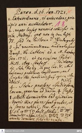 Disposition de paränetischen Vorlesung von August Hermann Francke am 16.01.1721.