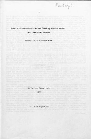1: Orientalische Handschriften der UB Kiel nach Signaturen : Universitätsbibliothek Kiel