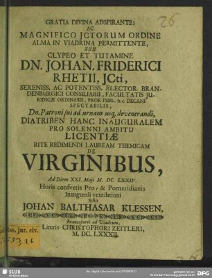 Diatriben hanc inauguralem ... de virginibus, ad diem XXI. Maji MDCLXXIV