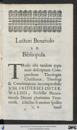 Lectori Benevolo S. D. Bibliopola.