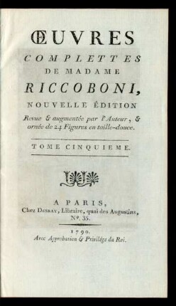 Tome Cinquieme: Œuvres Complettes De Madame Riccoboni