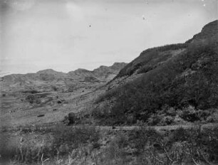 Berglandschaft : Blick auf eine Berglandschaft mit bewachsenen Hängen und Wegen.