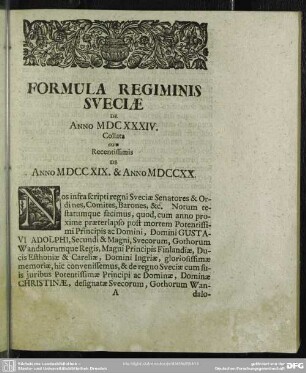 Formula Regiminis Sueciae De Anno MDCXXXIV. Collata cum Recentissimis De Anno MDCCXIX. & Anno MDCCXX
