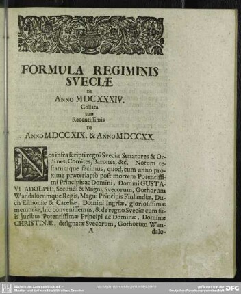 Formula Regiminis Sueciae De Anno MDCXXXIV. Collata cum Recentissimis De Anno MDCCXIX. & Anno MDCCXX