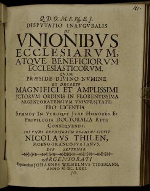 Disputatio Inauguralis De Unionibus Ecclesiarum, Atque Beneficiorum Ecclesiasticorum