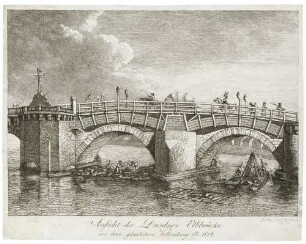 Die durch französische Truppen am 19. März 1813 gesprengte Elbbrücke (alte Augustusbrücke) in Dresden beim Wiederaufbau 1814
