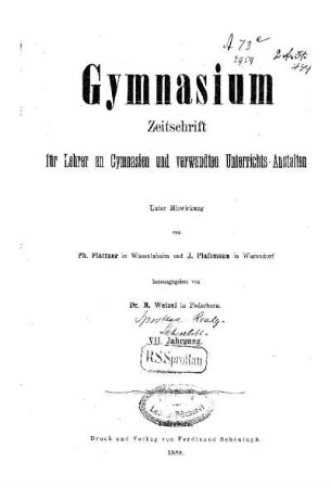 7: Gymnasium : Zeitschrift für Lehrer an Gymnasien und verwandten Unterrichtsanstalten - 7.1889