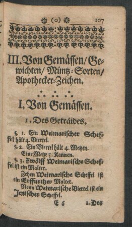 III. Von Gemässen/ Gewichten/ Müntz-Sorten/ Apothecker-Zeichen.