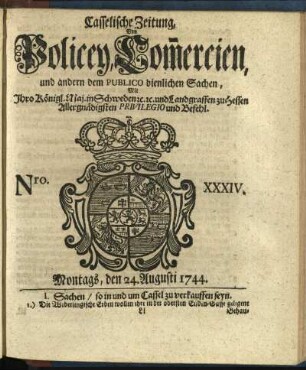 Nro. XXXIV, Montags, den 24. Augusti 1744