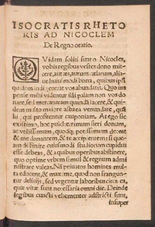 Isocratis Rhetoris Ad Nicoclem De Regno oratio.
