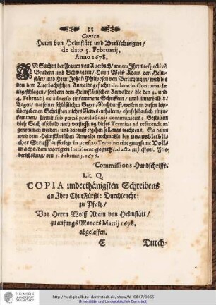 Lit. Q. COPIA underthänigsten Schreibens an Ihro ChurFürstl: Durchleucht: zu Pfaltz/ ...
