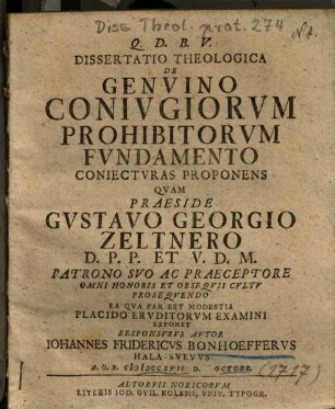 Dissertatio Theologica De Genvino Conivgiorvm Prohibitorvm Fvndamento Coniectvras Proponens