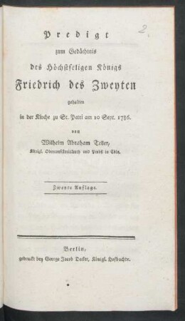 Predigt zum Gedächtnis des Höchstseligen Königs Friedrich des Zweyten