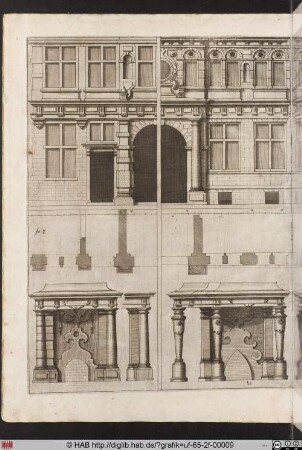 Zwei Ansichten einer Gebäudefassade und vier verschiedene architektonische Detailansichten von Kaminen.
