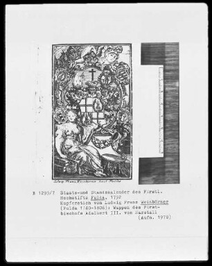 Des Fürstlichen Hochstifts Fulda Staats-und Standskalender auf das Jahr 1792 — Wappen des Fuldaer Fürstbischofs Adalbert 3. von Harstall