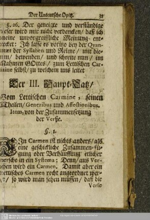 Der III. Haupt-Satz. Vom Lettischen Carmine, seinen Theilen, Generibus und Affectionibus