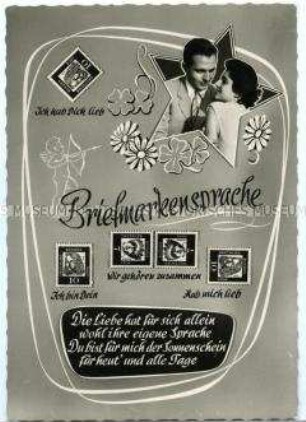 Postkarte zum Thema "Briefmarkensprache"