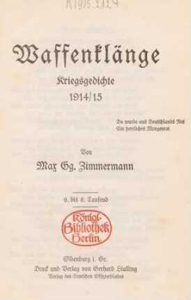 Waffenklänge : Kriegsgedichte 1914/15
