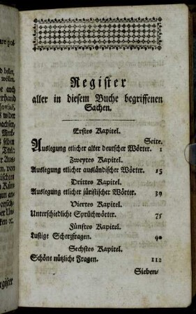 Register aller in diesem Buche begriffenen Sachen.