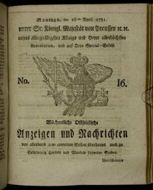 No. 16. Montags, den 16ten April 1781.