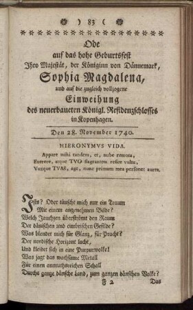 Ode auf das hohe Geburtsfest Ihro Majestät, der Königinn von Dännemark, Sophia Magdalena,...