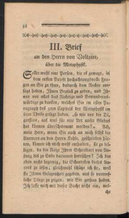 III. Brief an de Herrn von Voltaire, über die Metaphysik